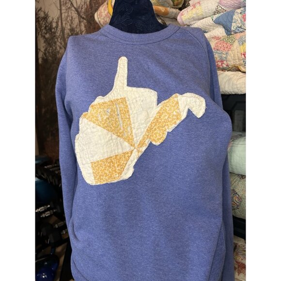 West Virginia State Outline Vintage Quilt Sweatshirt Homemade Blue L - Picture 2 of 5